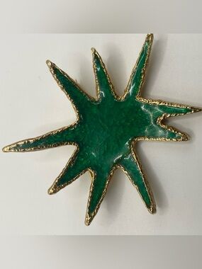 Vintage Starburst Brooch Green Enamel Gold Tone Mid Century Atomic Statement Pin